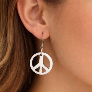 Vintage Boho Peace Sign Dangle Earrings Sterling Silver Hooks White Brown 1.5"